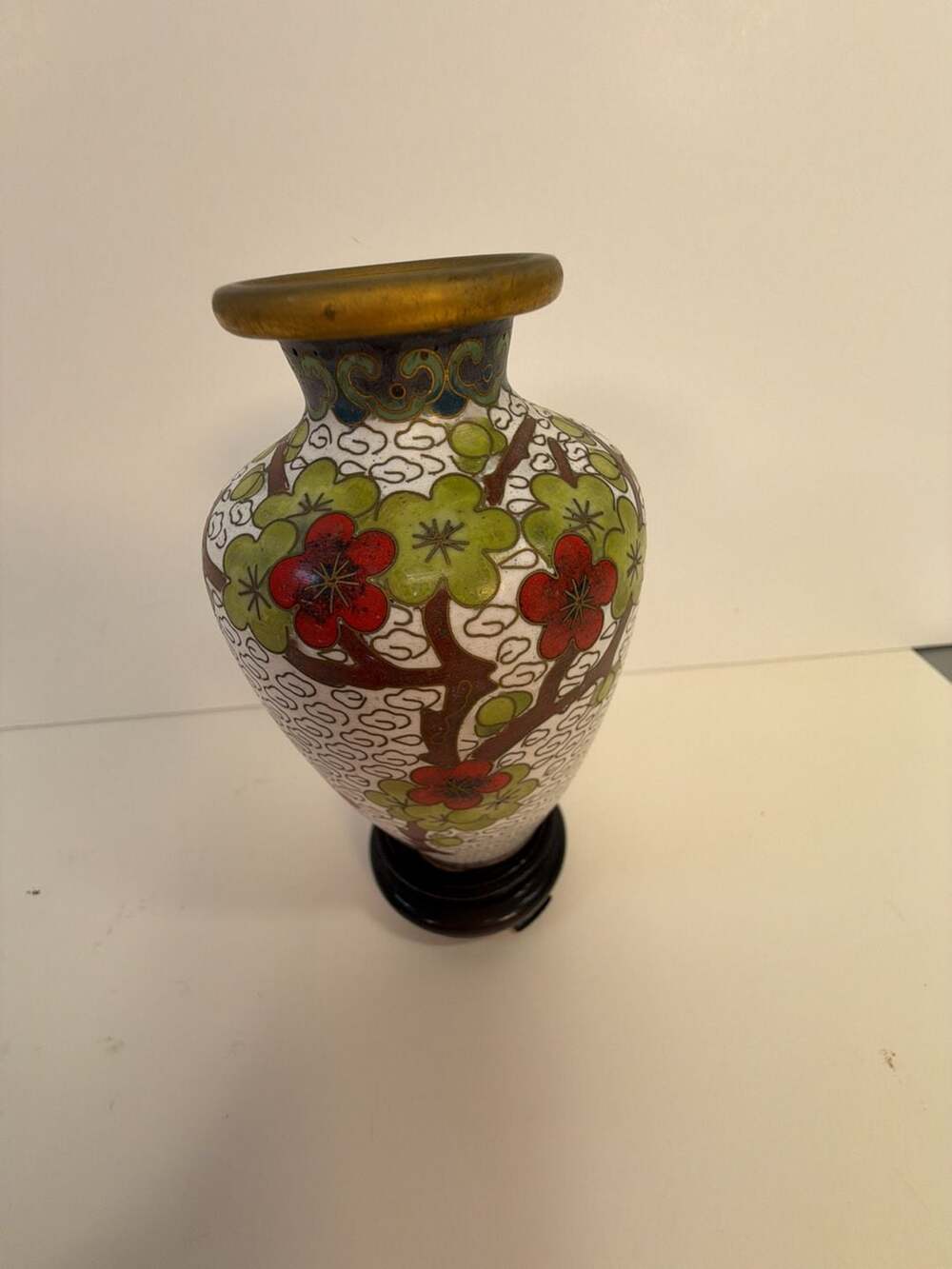 Vintage‎ Chinese Cloisonné Enamel Floral Vase with Wooden Stand